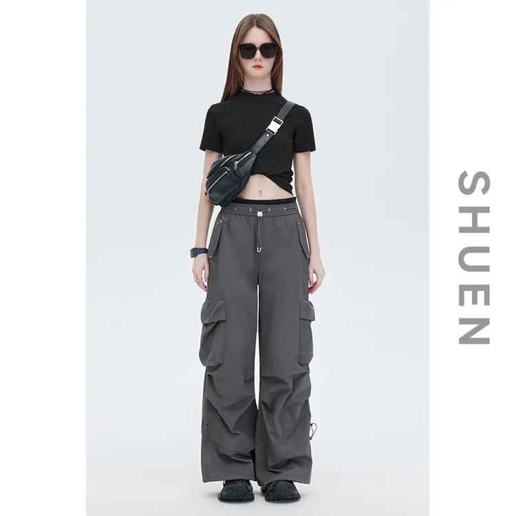 束恩工装风抽绳褶皱高腰长裤2025夏季撞色拼接松紧腰灰色休闲裤女