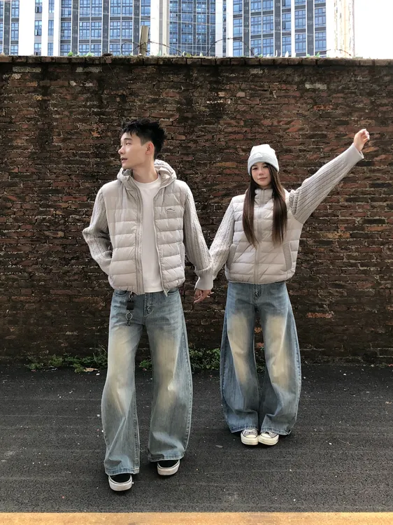 YYMDG美式复古针织拼接连帽羽绒服外套男女潮白鸭情侣绒面包服冬