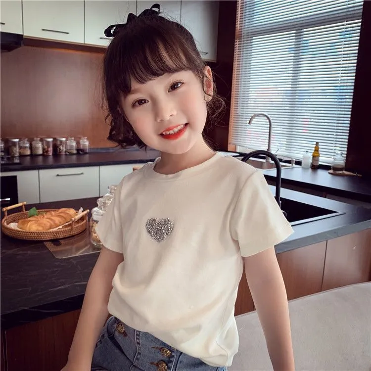 女童T恤春夏装2021新款儿童韩版洋气圆领短袖上衣 百搭纯色打底衫