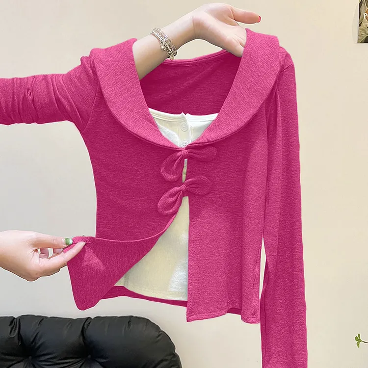 蝴蝶结打底衫女纯欲甜辣妹翻领假两件内搭高级感早秋显瘦长袖上衣