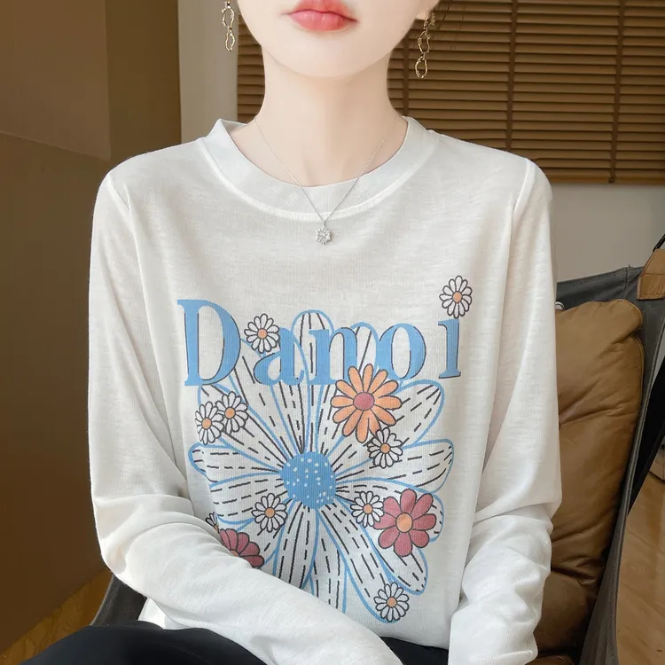 【现货宠粉】新款长袖针织衫女圆领T恤印花套头休闲韩版打底亲肤薄