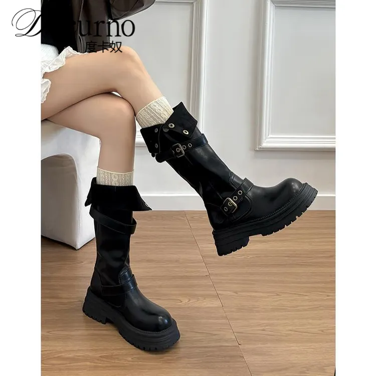 牛皮版~真皮厚底两穿黑色长筒靴女秋冬覆古百搭高筒骑行靴瘦瘦靴
