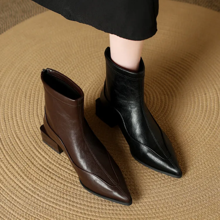 法式尖头弹力瘦瘦靴低跟2025秋冬新款粗跟短靴女复古棕色切尔西靴