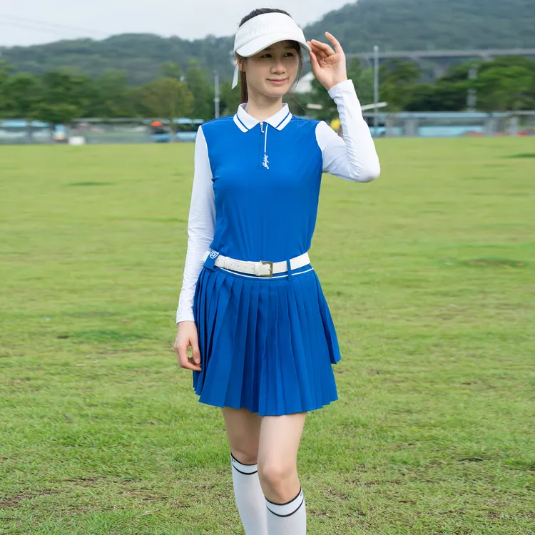高尔夫女士冰丝长袖夏季女士透气修身运动上衣时尚带小腰包百褶裙