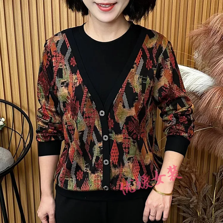妈妈装秋季时尚圆领印花假两件宽松显瘦洋气中老年女装长袖上衣