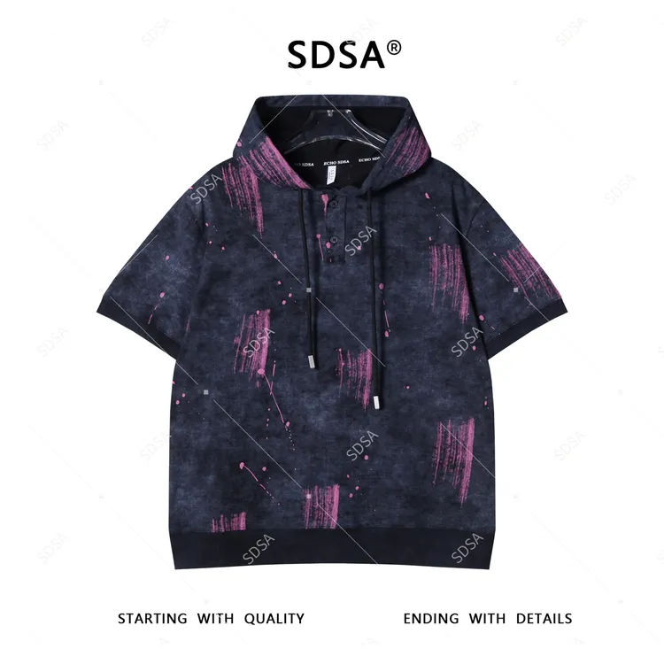 SDSA夏季新款男士痞帅美式泼墨印刷纽扣连帽短袖T恤复古宽松上衣