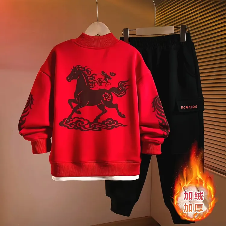 男童黑马新年红色加绒卫衣套装大童男孩冬季喜庆拜年服国潮两件套