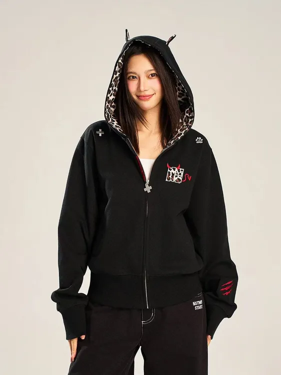 【九月专属】可爱风百搭上衣刺绣拉链纯棉华棉复合卫衣女慵懒休闲开衫宽松韩版