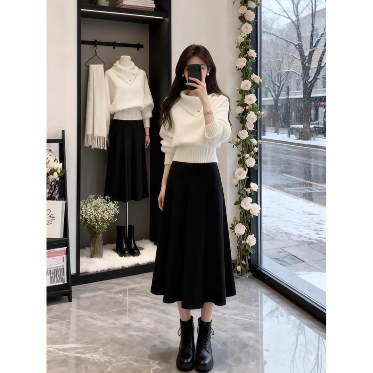 法式气质高翻领针织毛衣套装女秋冬高腰显瘦百搭半身裙时尚两件套