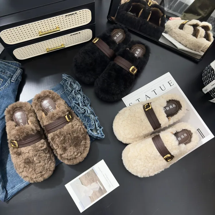 厚底增高毛毛棉鞋女外穿2025新款冬季时尚百搭毛一脚蹬加绒棉鞋
