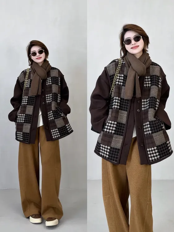 YYOUHAN 2025秋冬【十月沙丘】格纹拼接V领显瘦百搭外套 2509C6026