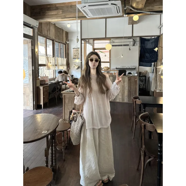 夏季新款洋气慵懒风女装宽松斜肩休闲长袖百搭薄款上衣气质阔腿裤