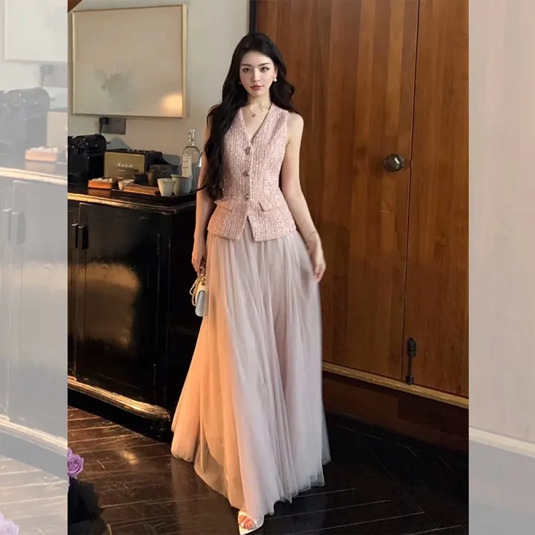 设计感时尚套装女装2025夏季新款高级感马甲网纱半身裙子两件套夏