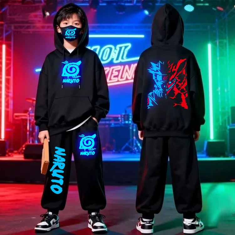 火影忍者衣服儿童卫衣秋季2025新款学生佐助鸣人联名纯棉夜光套装