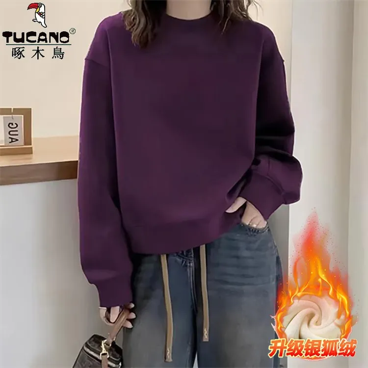 啄木鸟纯棉卫衣女秋冬款时尚百搭洋气上衣加绒加厚套头保暖打底衫