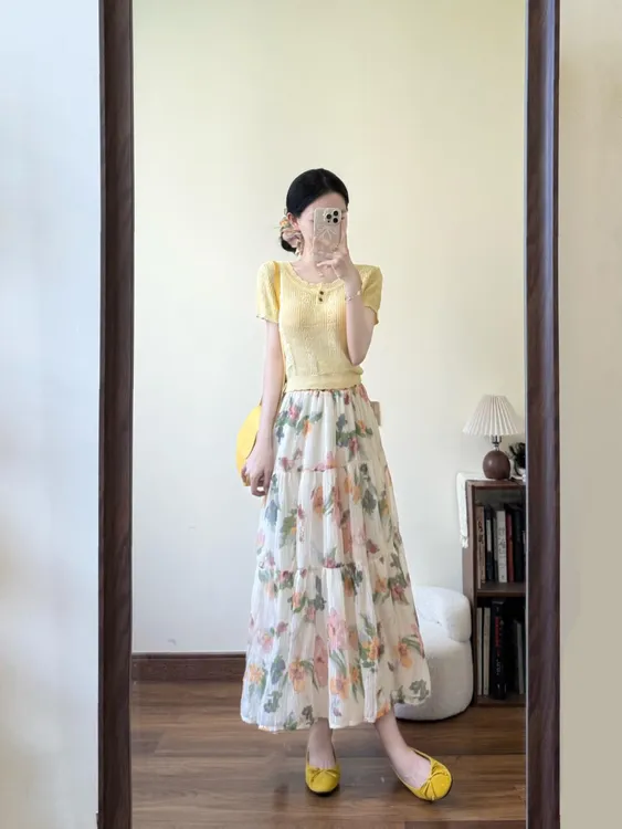 夏季小个子一整套穿搭气质小香风短袖针织衫碎花半身裙两件套装女