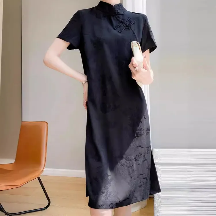 花纹印花铅笔裙立领新中式旗袍中长款双层复古黑色显瘦气质网红