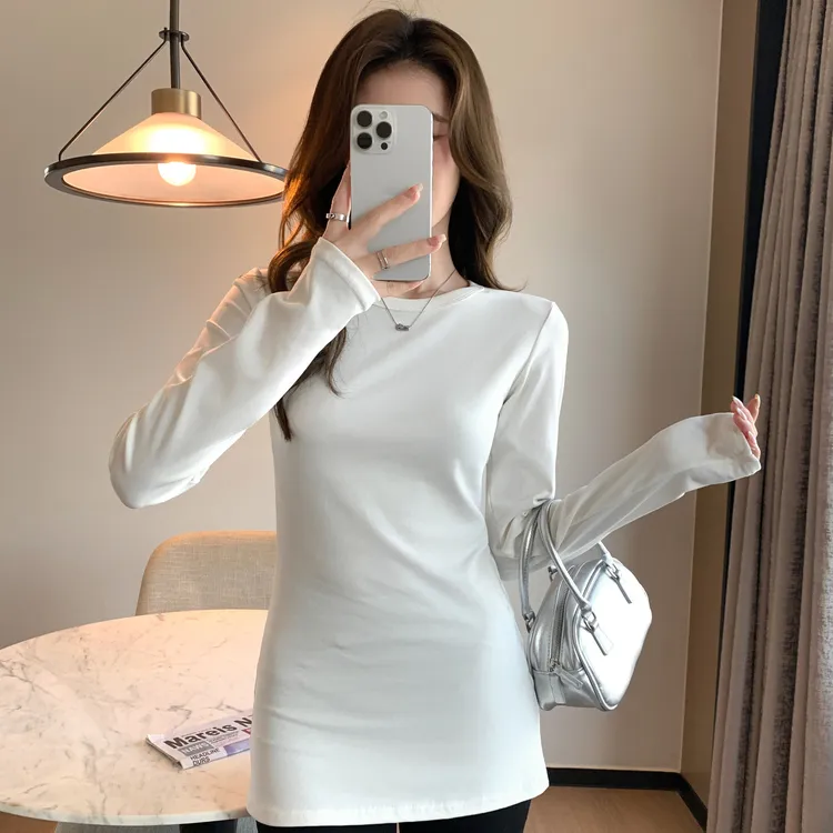 K2636严选棉长袖T恤女士秋冬季内搭中长款打底衫辣妹外穿修身上衣