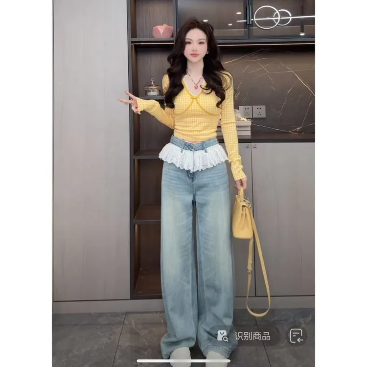 曼曼【甜酷参半】蕾丝拼接阔腿牛仔裤女直筒拖地裤