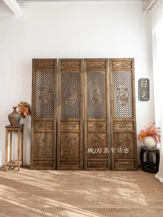 【木兮】中式仿古做旧屏风隔断实木背景东阳木雕复古镂空间摄影道具