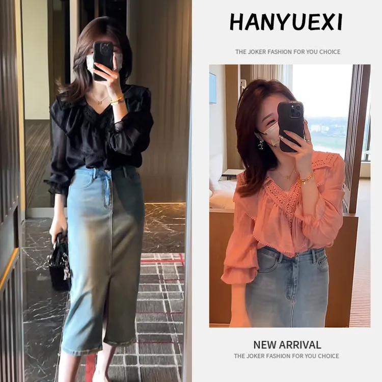 夏季洋气一整套女装2025新款V领设计感衬衫开叉牛仔半身裙两件套