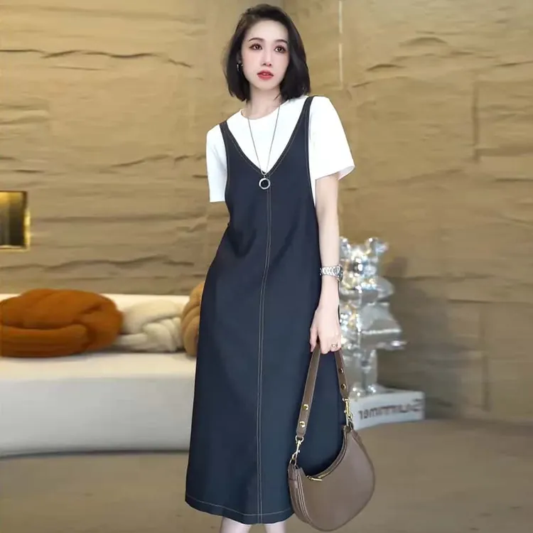 高含棉气质休闲小众套装女2025年夏季新款短袖t恤背带裙两件套潮