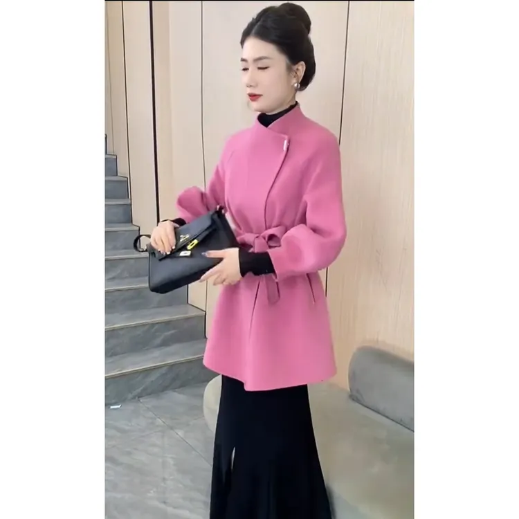 早春新款韩版简约秋冬大衣女立领时尚气质中长款洋气收腰毛呢外套