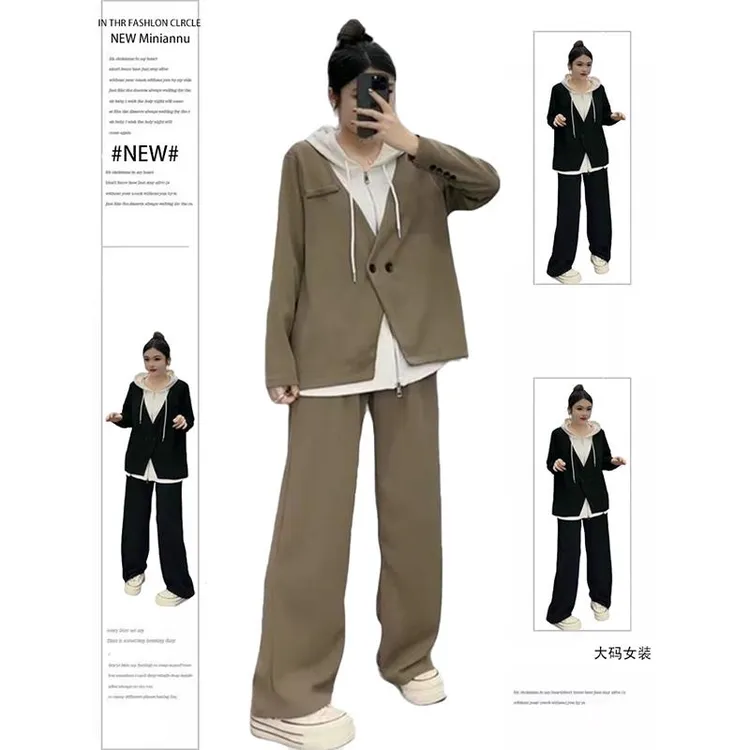胖mm大码300斤高腰显瘦裤子套装女春秋宽松假两件连帽卫衣两件套2