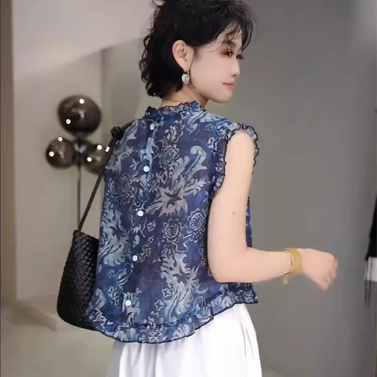 木耳花边复古碎花背心女夏外穿洋气百搭衬衫2025新款无袖上衣女夏