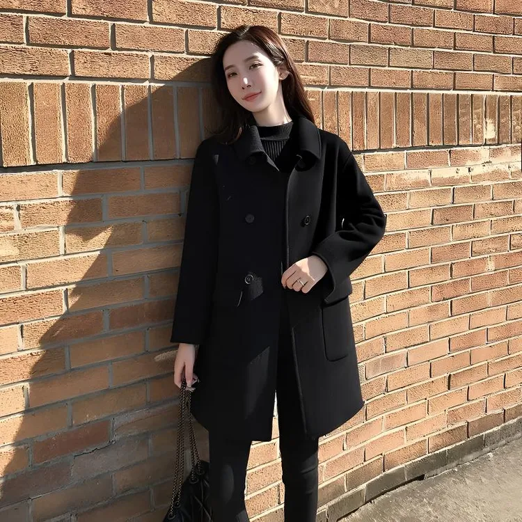 复合加厚秋冬纯色大码女装韩版宽松中长款毛呢外套女显瘦呢子大衣