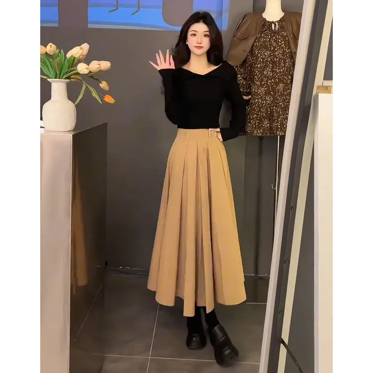 早秋温柔穿搭2025新款韩版简约气质百搭上衣通勤显瘦半身裙两件套