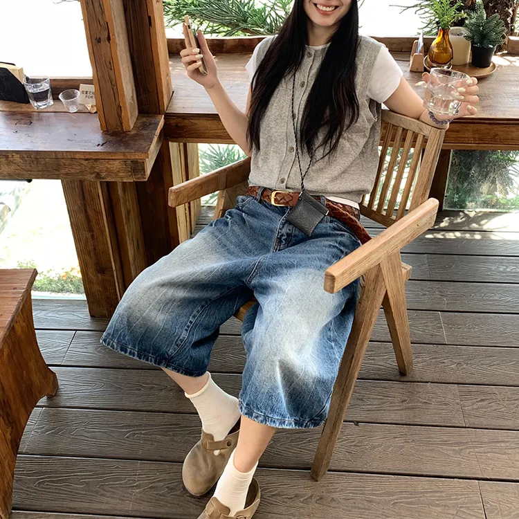 大码水洗做旧闪电设计感牛仔短裤女夏季美式复古宽松阔腿七分裤潮