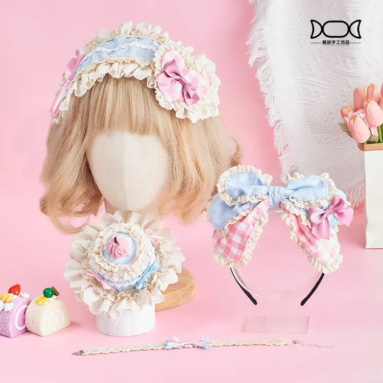 原创Lolita手作蓝色纸杯蛋糕小物礼帽头饰蕾丝花边发带蝴蝶结发饰