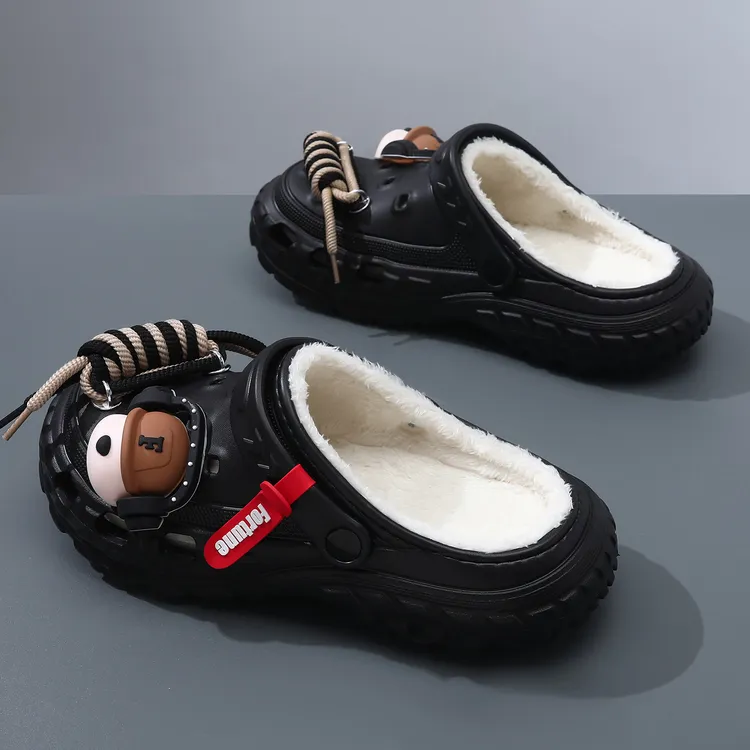 包头拖男款冬季加绒毛毛拖鞋情侣款外穿棉拖鞋情侣时尚保暖洞洞鞋