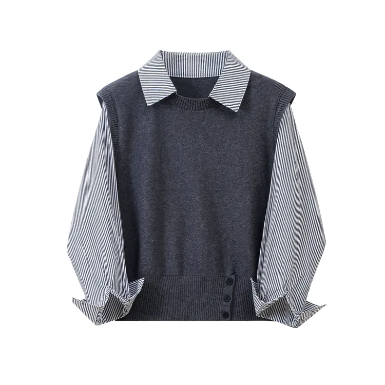 高级感气质慵懒洋气拼接衬衫法式假两件韩版复古休闲显瘦秋