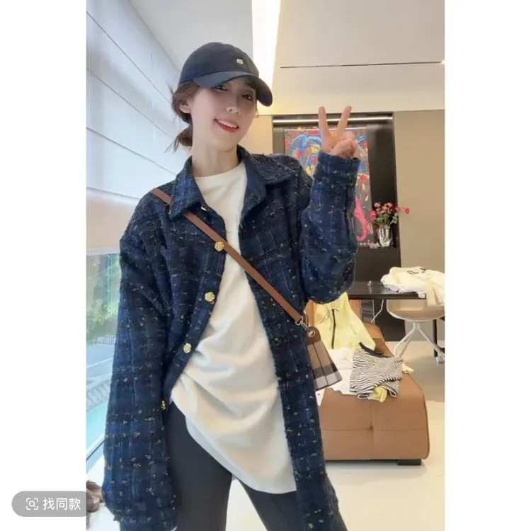 云影轻语2502119春季小香风复古格纹百搭单排扣开衫外套