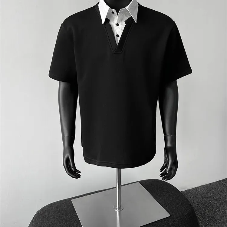 韩系轻熟风翻领ins短袖T恤夏季衬衫领拼接撞色设计感休闲POLO衫男