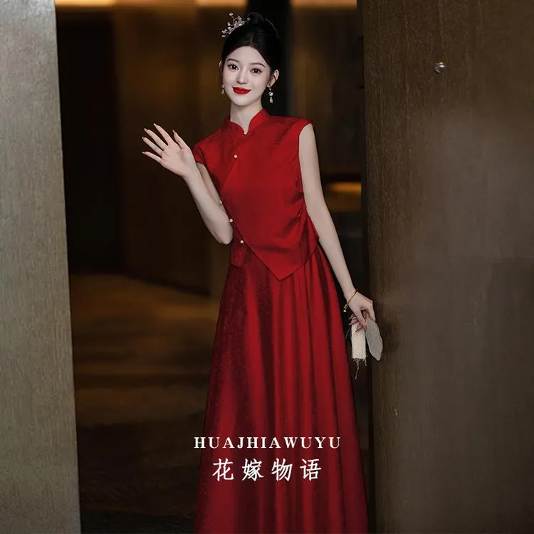 新中式酒红色新娘敬酒服2025新款订婚礼服回门旗袍改良洋装夏季