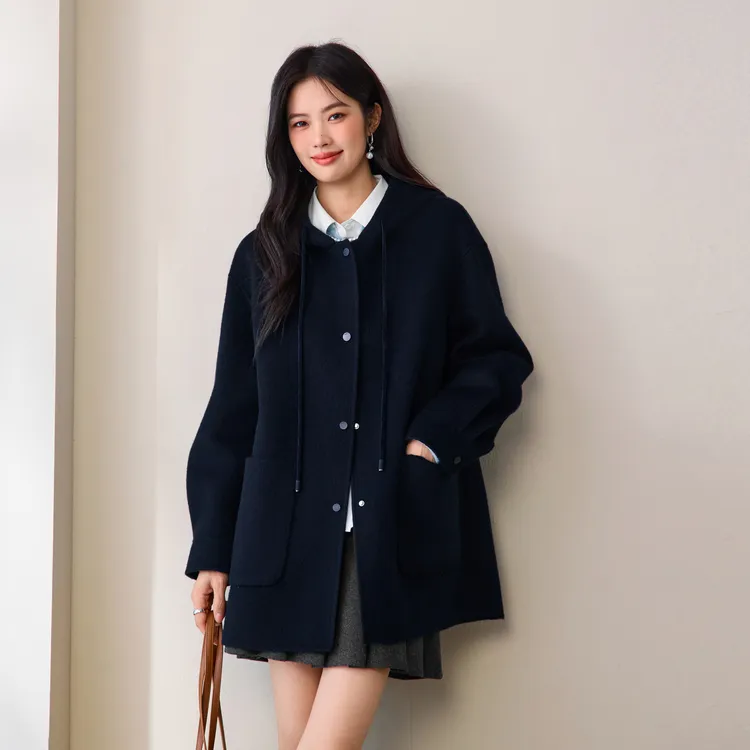 伊芙丽学院风连帽设计中长毛呢外套女2025冬新1G9970891