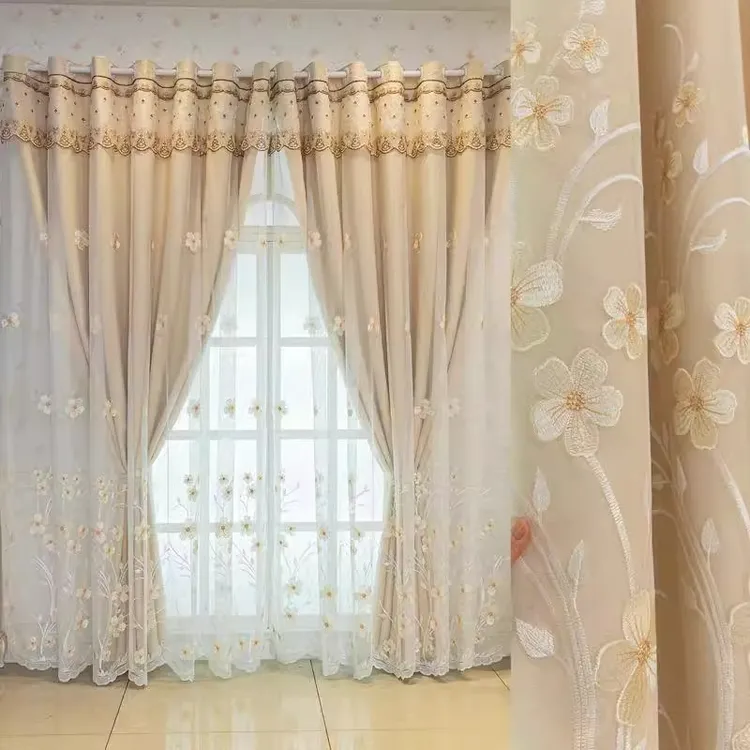 25新款小清新绣花双层遮光布纱一体窗帘用于卧室客厅飘窗成品窗帘