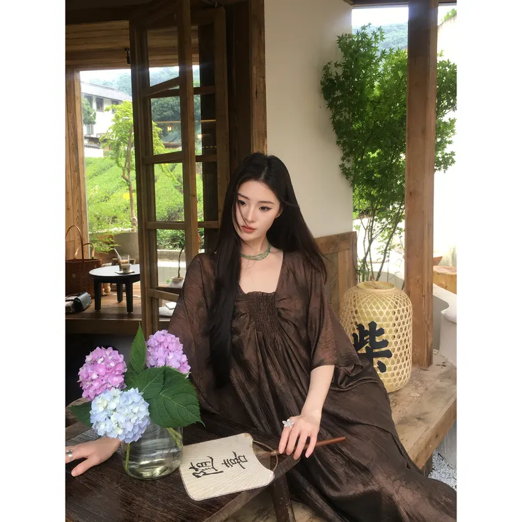 ICELOLLY小个子巨好看富家千金醋酸连衣裙女夏宽松气质显瘦长裙子