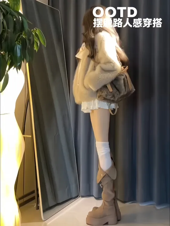 法式气质双色系毛毛外套女装秋冬季新款飘带衬衫+蓬蓬短裙三件套