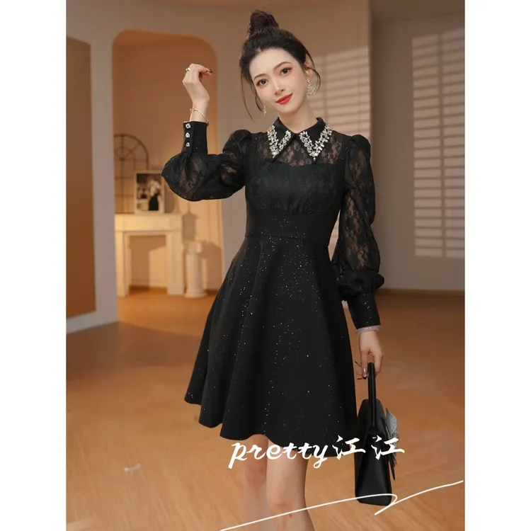 Pretty小众设计师品牌江江定制 蕾丝拼接长袖赫本风连衣裙21924