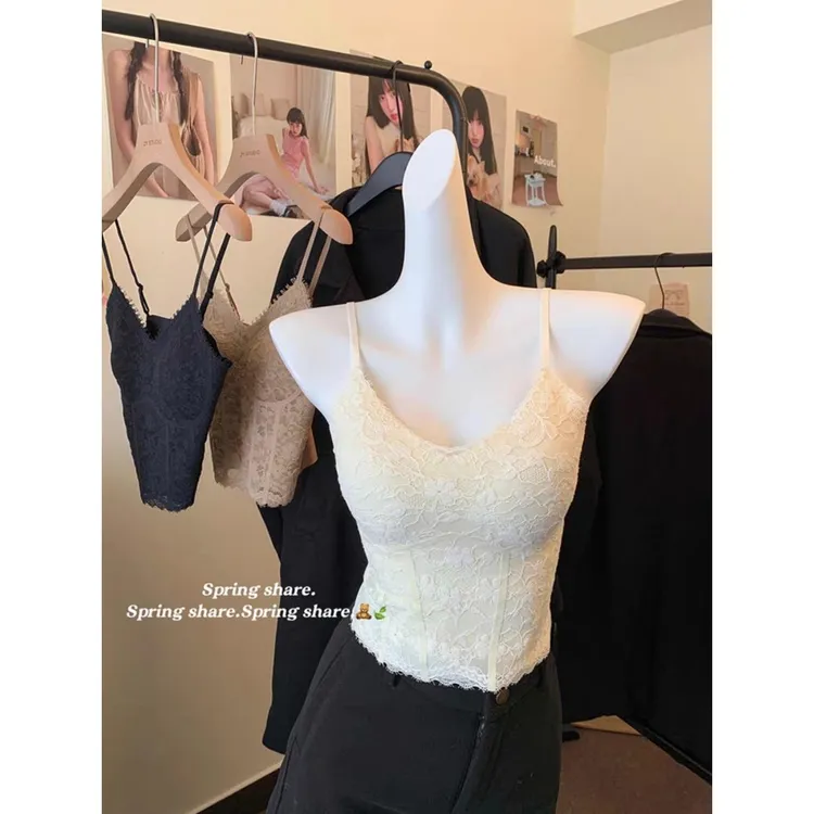 纯欲复古蕾丝小吊带背心女一体带胸垫内搭美背通勤打底2025早秋款