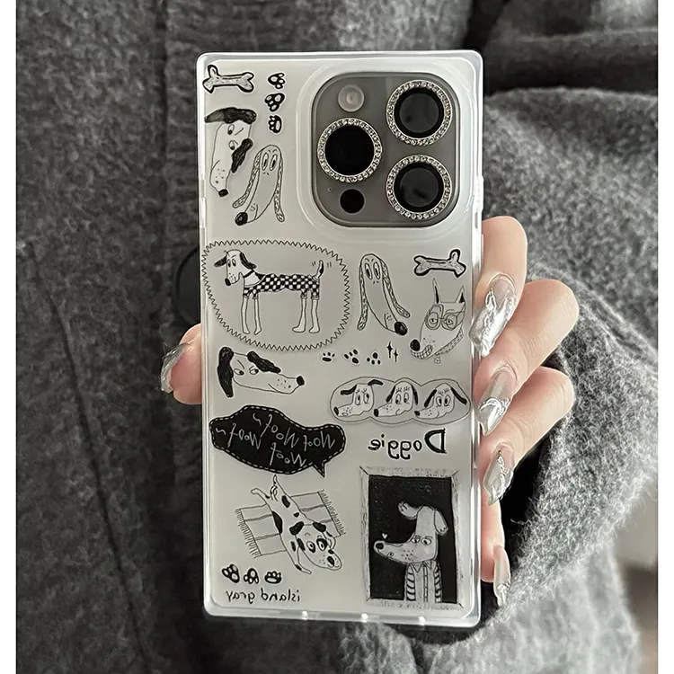 简约黑白手绘小狗适用iPhone16promax苹果13方形手机壳15/14软11