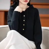 【纽扣连帽】法式气质秋冬新款休闲抽绳连帽针织衫女毛衣套头卫衣