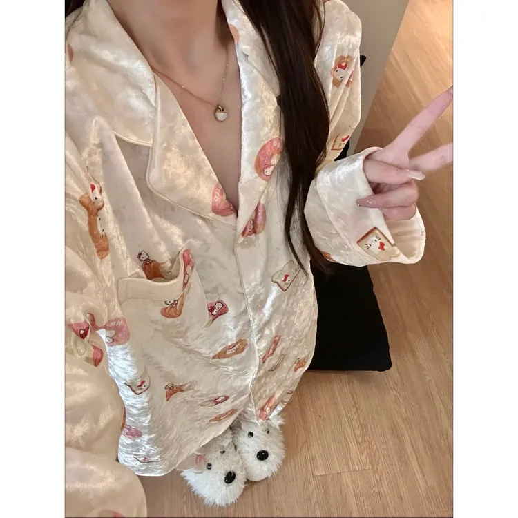 韩系甜美风可爱软萌kitty猫面包印花金丝绒睡衣女秋季家居服套装