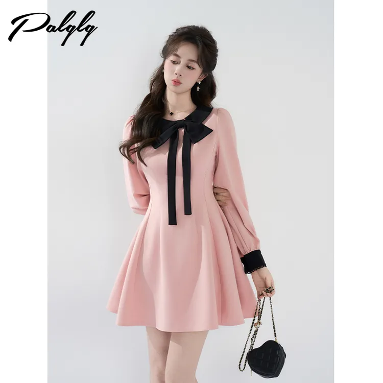 法式富家千金风粉色长袖秋季设计感甜美拼接裙53PDA44543