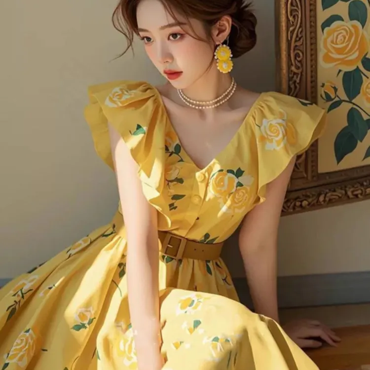 夏季法式小众不撞款沙滩海边度假黄色玫瑰印花小飞袖连衣裙子女