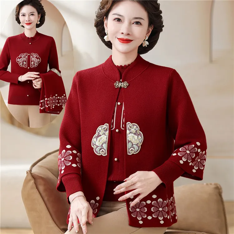2025新中式妈妈秋装针织两件套中老年女秋冬国风毛衣时尚开衫外套